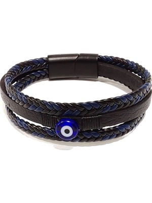 Herşey Nota Lacivert-Siyah Nazar Boncuklu Hakiki Deri Erkek Kombin Bileklik | Mıknatıslı Metal Tokalı -1238
