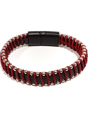 Herşey Nota Orman Kalkanı Siyah Kırmızı Hakiki Deri Erkek Bileklik | Maskülen, Modern ve Kontrast TASARIM-1169