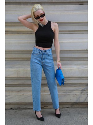 Madmext Mavi Yüksek Bel Kadın Mom Fit Pantolon MG2389