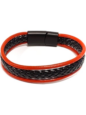 Herşey Nota Kırmızı Şimşek Çift Örgü Hakiki Deri Erkek Bileklik-40
