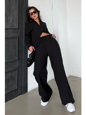 Madmext Siyah Keten Kadın Gömlek Pantolon Ikili Takım MG2356