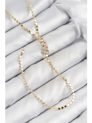 Pirinç Zirkon Taşlı Ezme Zincirli Model Gold Renk Y Kolye - Lisinya
