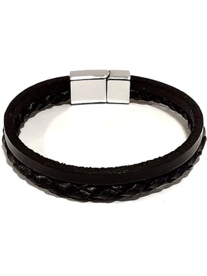 Herşey Nota Hakiki Deri Siyah Kordon ve Örgü Kombinli Erkek Bileklik | Mıknatıslı Metal Tokalı Tasarım-35-82