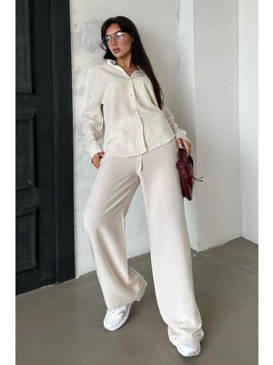 Madmext Karmelanj Keten Kadın Gömlek Pantolon Ikili Takım MG2356