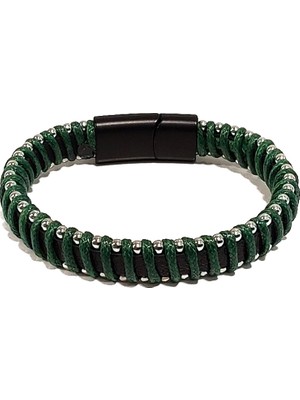 Herşey Nota Orman Kalkanı Siyah Yeşil Hakiki Deri Erkek Bileklik | Modern ve Doğal Kontrast TASARIM-1168