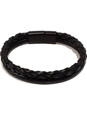 Herşey Nota Kara Panter Çift Örgü Hakiki Deri Erkek Bileklik | Maskülen, Güçlü ve Modern TASARIM-1172