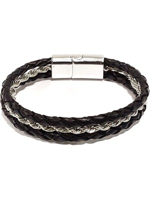 Herşey Nota Silver Zincir Detaylı Hakiki Örgü Deri Erkek Bileklik | Mıknatıslı Metal Tokalı Tasarım-93