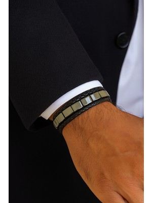 Herşey Nota Metal Bloklu Siyah Hakiki Deri Erkek Bileklik | Mıknatıslı Metal Tokalı, Modern TASARIM75-7