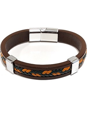 Herşey Nota Kahverengi Şık Yuvarlak Sırım Saç El Örgüsü Hakiki Deri Erkek Bileklik-Mıknatıslı Metal Tokalı 35-85