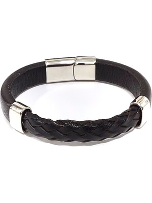 Herşey Nota Asil Lider Siyah Örgü Hakiki Deri Çelik Erkek Bileklik-11