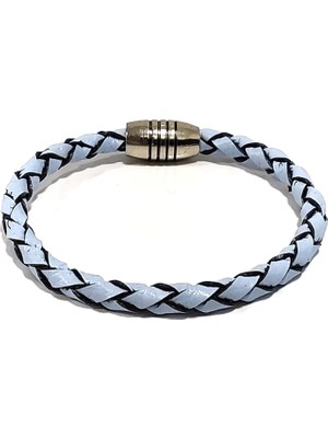 Herşey Nota Ak Kartal Beyaz Örgü Hakiki Deri Erkek Bileklik | Mıknatıslı Metal Tokalı, Modern TASARIM-1201