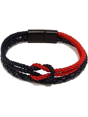Herşey Nota Siyah Kırmızı Örgü Düğümlü Hakiki Deri Erkek Bileklik | Mıknatıslı Metal Tokalı TASARIM-1215