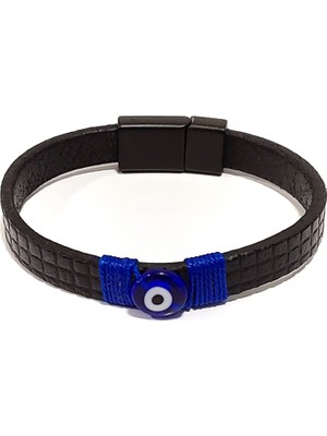 Herşey Nota Nazar Boncuklu Hakiki Deri Siyah Kordon Erkek Bileklik | Mıknatıslı Metal Tokalı Şık TASARIM-1227