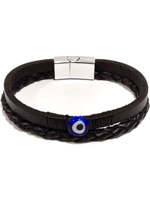 Herşey Nota Nazar Boncuklu Hakiki Siyah Deri Erkek Bileklik | Mıknatıslı Metal Tokalı, Koruyucutasarım-35-87