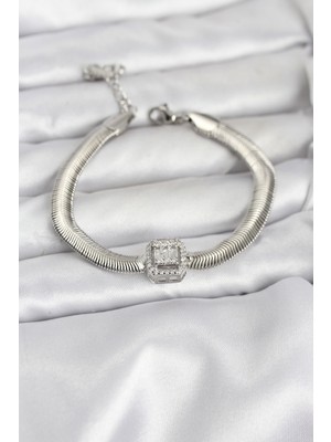 316L Çelik Gümüş Renk Baget Zirkon Taşlı Yılan Zincirli Kadın Bileklik - Lisinya