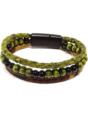 Herşey Nota Orman Savaşçısı Haki Yeşil Hakiki Deri & Doğaltaş Kombin Erkek Bileklik-Mıknatıs Tokalı TASARIM-1202