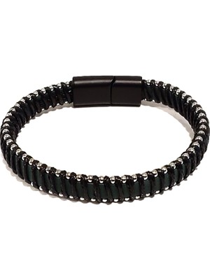 Herşey Nota Panter Zincir Siyah Hakiki Deri Erkek Kombin Bileklik | Çelik Detaylı, Güçlü ve Modern TASARIM-1203