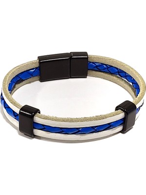 Herşey Nota Mavi Şimşek Çift Dokulu Hakiki Deri Erkek Bileklik | Mıknatıslı Metal Tokalı TASARIM-1205