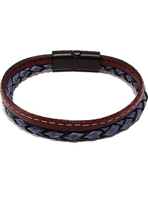 Herşey Nota Mor ve Kahverengi Karışımlı Örgü Hakiki Deri Erkek Bileklik | Mıknatıslı Metal Tokalı TASARIM-1216