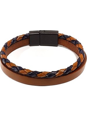Herşey Nota Siyah ve Kahverengi Hakiki Deri Örgü Erkek Bileklik | Mıknatıslı Metal Tokalı, Klasik TASARIM-1228