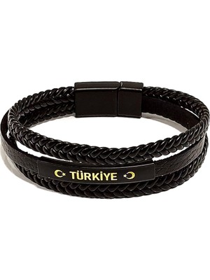 Herşey Nota Vatan Serisi Türkiye Ay Yıldız Siyah Hakiki Deri Örgü Kombin Erkek Bileklik | Millî TASARIM-1161