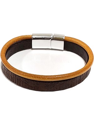 Herşey Nota Gerçek Deri Dokulu Kahverengi Erkek Bileklik | Mıknatıslı Metal Tokalı, Klasik ve Şık TASARIM-1233