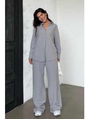 Madmext Boyalı Gri Keten Kadın Gömlek Pantolon Ikili Takım MG2356