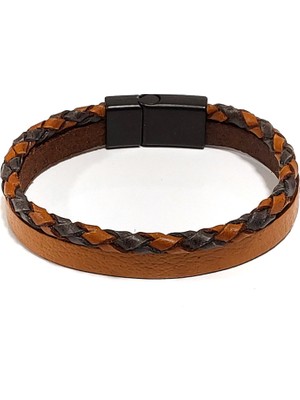 Herşey Nota Boğa Ruhu Taba Örgü Hakiki Deri Erkek Bileklik | Maskülen, Doğal ve Modern TASARIM-1195