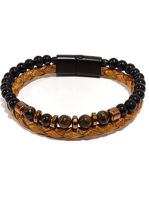 Herşey Nota Kaplan Spirit Taba Örgü Hakiki Deri Erkek Bileklik-Kaplan Gözü Taşlı-Maskülen TASARIM-1197