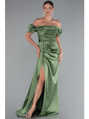 Kayık Yaka Kuyruklu Uzun Saten Abiye ABU1606