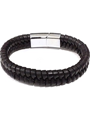 Herşey Nota Asil Siyah Dokuma Hakiki Deri Erkek Bileklik-66