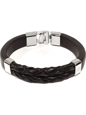 Herşey Nota Siyah Çelik Piton Dokulu Erkek Hakikik Deri Bileklik-56