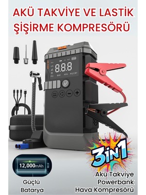 Post Alley Jump Starter 4-In-1 Akü Takviye Cihazı 3’ü 1 Arada Powerbank Hava KOMPRESÖRÜ,12.000M                Ah LED Ekranlı