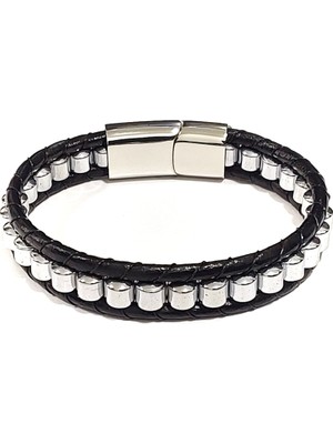 Herşey Nota Silver Capsule Çelik Hakiki Deri Erkek Bileklik-47