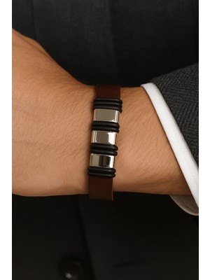 Herşey Nota Metal Bloklu Kahverengi Hakiki Deri Erkek Bileklik | Mıknatıslı Metal Tokalı, Klasik TASARIM-605