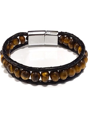 Herşey Nota Kaplan Izi Siyah Hakiki Deri Çelik Erkek Bileklik-05