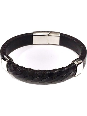 Herşey Nota Çelik Gölgeler Siyah Hakiki Deri Örgü Erkek Bileklik-36