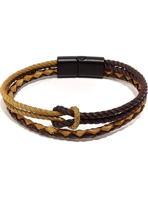 Herşey Nota Gerçek Deri Örgü Kahve–taba Halatlı Erkek Bileklik | Mıknatıslı Metal Tokalı,doğal TASARIM-1230