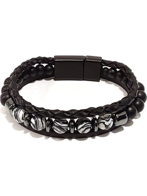 Herşey Nota Desenli Oniks Taşlı Hakiki Siyah Deri Erkek Bileklik | Mıknatıslı Metal Tokalı, Modern Tasarım