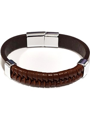 Herşey Nota Yörünge Kahverengi Hakiki Deri Mıknatıslı Çelik Erkek Bileklik-80