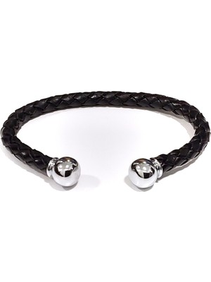 Herşey Nota Noble Touch Siyah Çelik Uç Örgü Hakiki Deri Erkek Bileklik-04