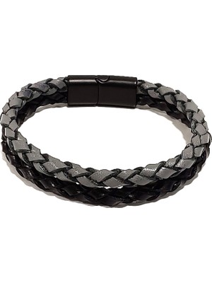 Herşey Nota Gece Şimşeği Siyah Gri Örgü Hakiki Deri Erkek Bileklik-Mıknatıslı Tokalı- Maskülen TASARIM-1193