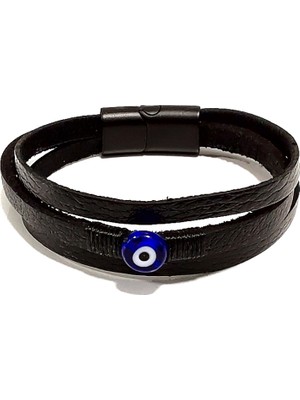 Herşey Nota Dokulu Hakiki Deri Kordon Nazar Boncuklu Erkek Bileklik | Mıknatıslı Metal Tokalı TASARIM-1222
