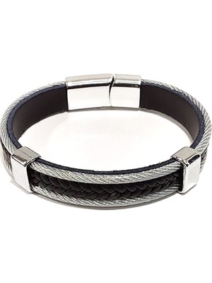 Herşey Nota Hakiki Siyah Deri Çelik Örgü Erkek Bileklik | Mıknatıslı Metal Tokalı, Modern ve Maskülen Tasarım