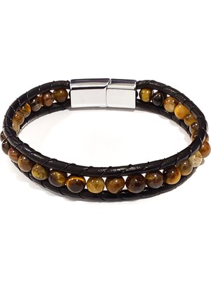 Herşey Nota Güç Çemberi Kahverengi Hakiki Deri Doğaltaş Erkek Bileklik-84