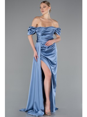 Abiyefon Kayık Yaka Kuyruklu Uzun Saten Abiye ABU1606