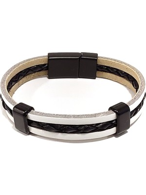 Herşey Nota Gece Izleri Örgü Hakiki Deri Erkek Bileklik | Mıknatıslı Metal Tokalı Maskülen TASARIM-1206