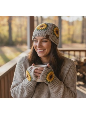 Crochet Ayçiçek Desenli Kadın Bere Eldiven Set, Kadın Bere, Kadın Eldiven ,tığ Işi  Bere Eldiven Set