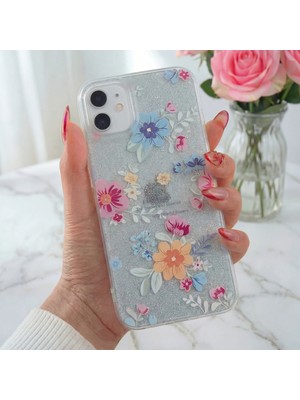 Fibaks Apple iPhone 11 Uyumlu Kılıf Mavi Simli Çiçek Desenli Renkli Parlak Darbe Emici Kapak