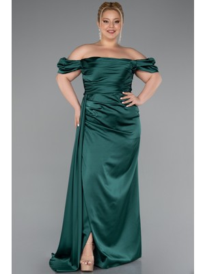 Kayık Yaka Uzun Saten Büyük Beden Abiye ABU1626